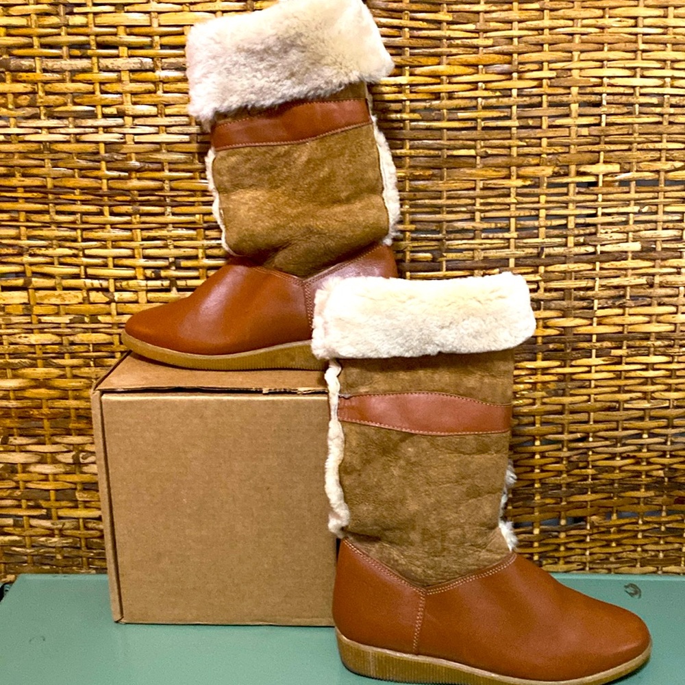EUC vintage Deerskin Trading Post deer skin & shearling tan boot made in Spain 8